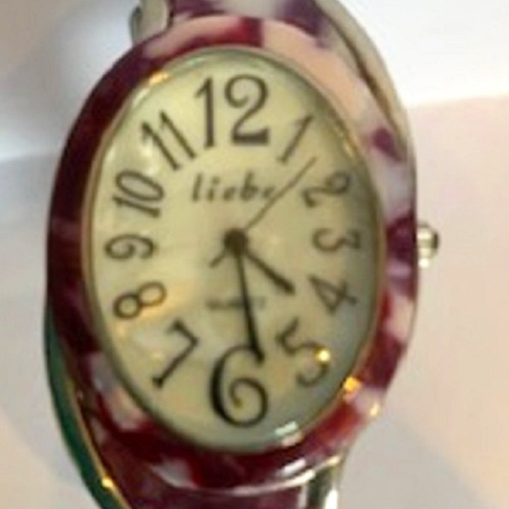 Liebe Wristwatch Bangle Cuff Bracelet Quartz Oval White Dial Stainless Steel